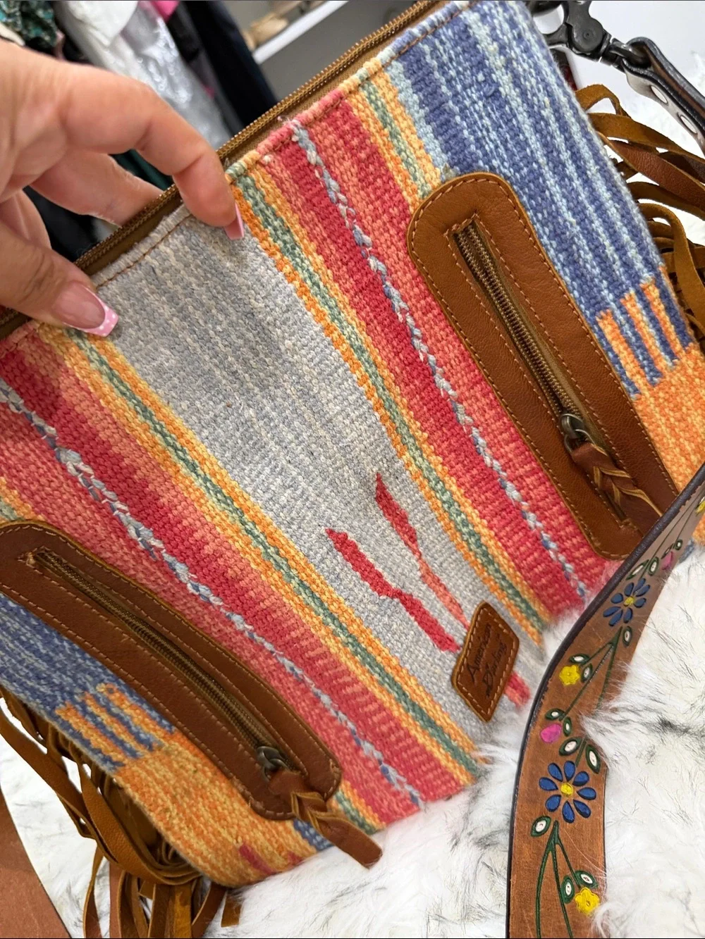 American Darling Multicolor Striped Fringe Crossbody Bag with Brown Trim